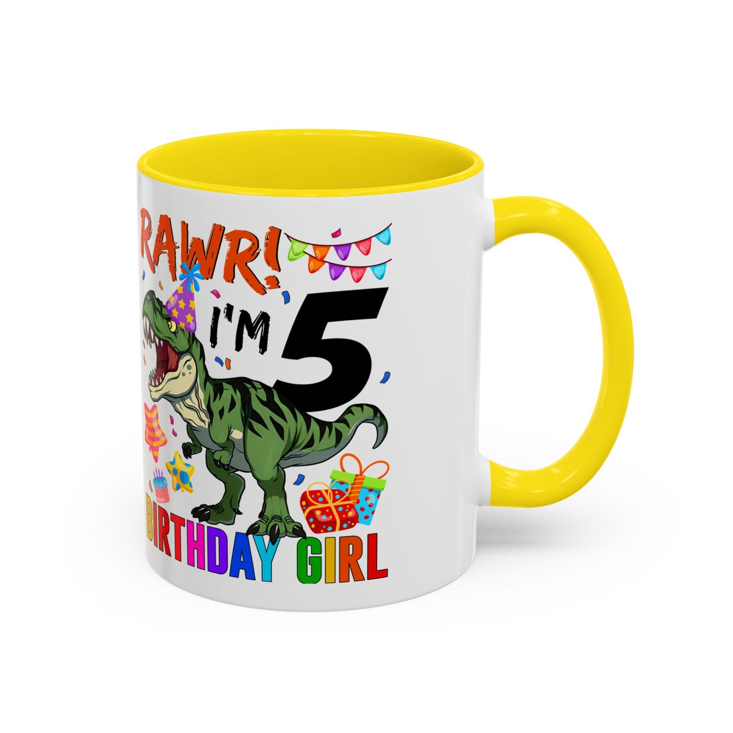 Birthday Dinosaur Coffee Mug — “RAWR! I’m 5” Colorful Kids Birthday Gift (11/15oz)