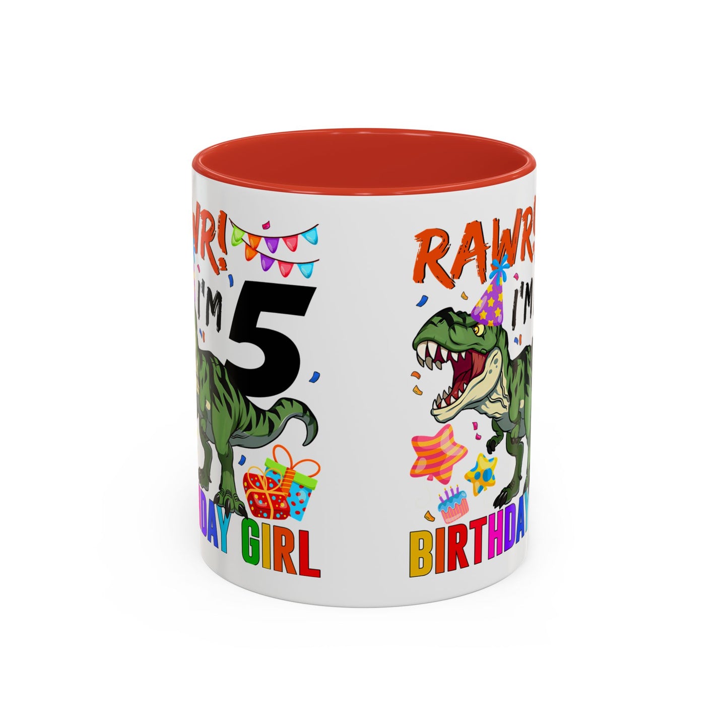 Birthday Dinosaur Coffee Mug — “RAWR! I’m 5” Colorful Kids Birthday Gift (11/15oz)