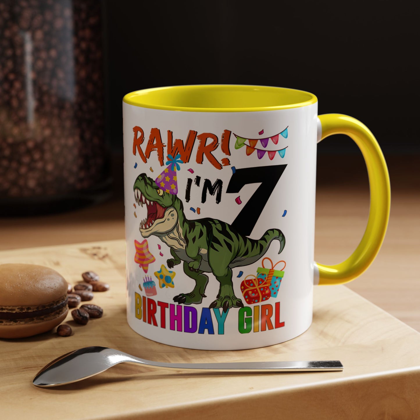 7th Birthday Dinosaur Coffee Mug — "RAWR! I'm 7" Colorful Birthday Girl Accent Mug (11/15oz)