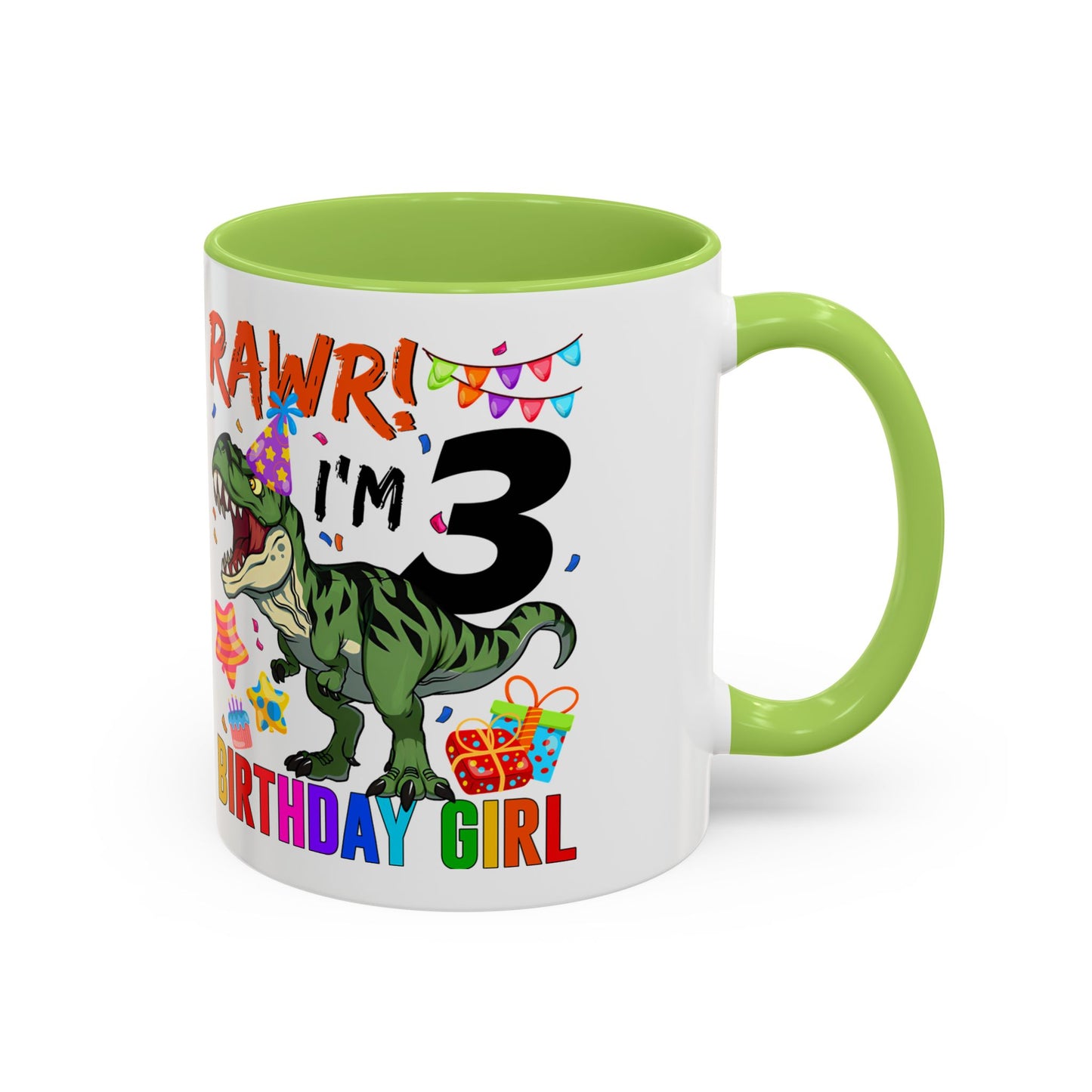 3rd Birthday Girl Dinosaur Coffee Mug - "RAWR! I’m 3" Accent Mug