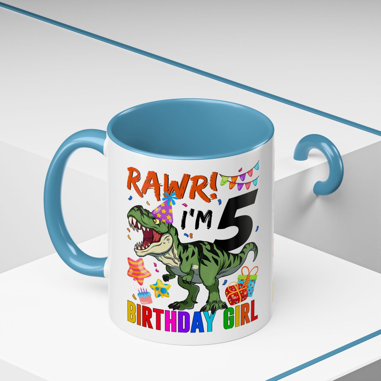 Birthday Dinosaur Coffee Mug — “RAWR! I’m 5” Colorful Kids Birthday Gift (11/15oz)