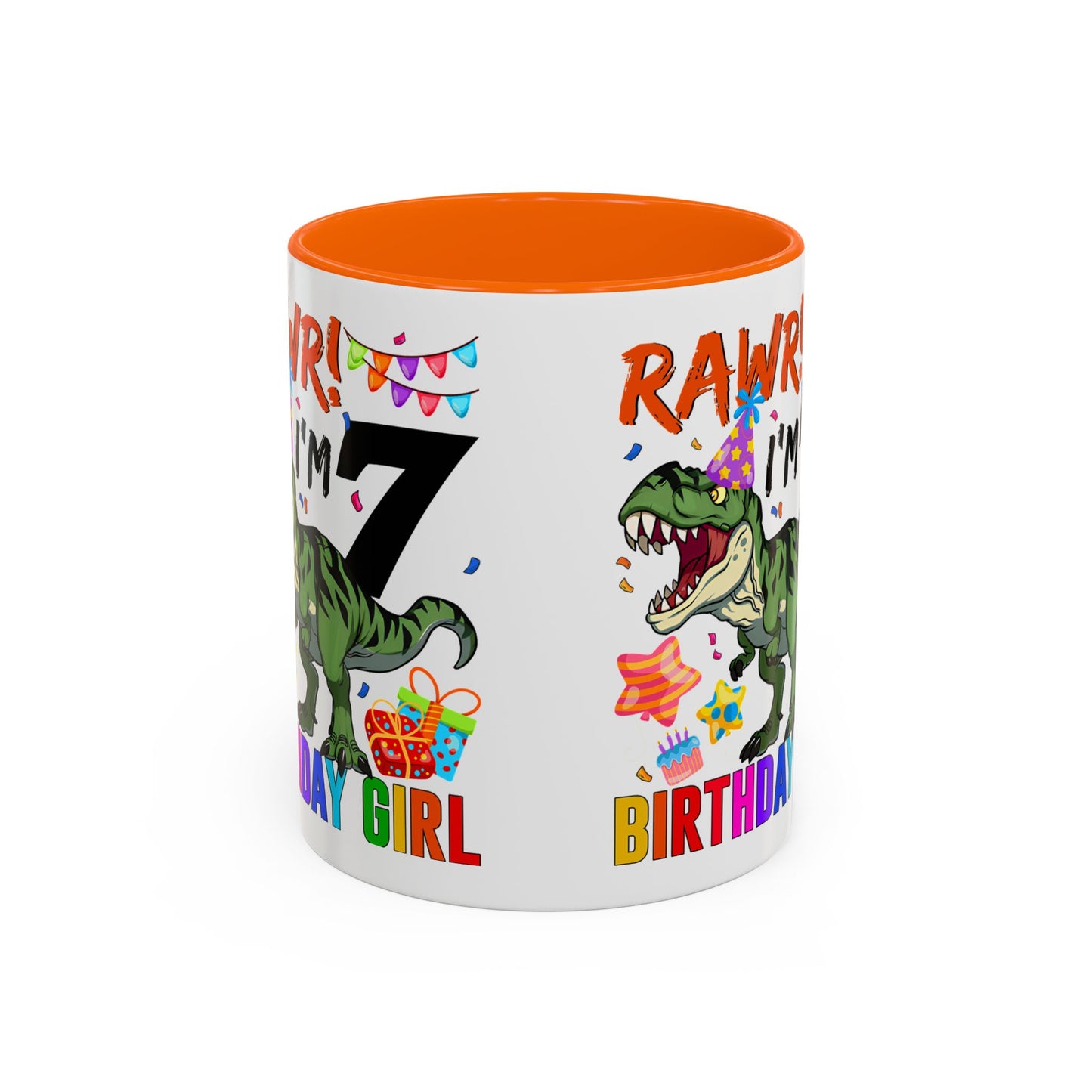 7th Birthday Dinosaur Coffee Mug — "RAWR! I'm 7" Colorful Birthday Girl Accent Mug (11/15oz)