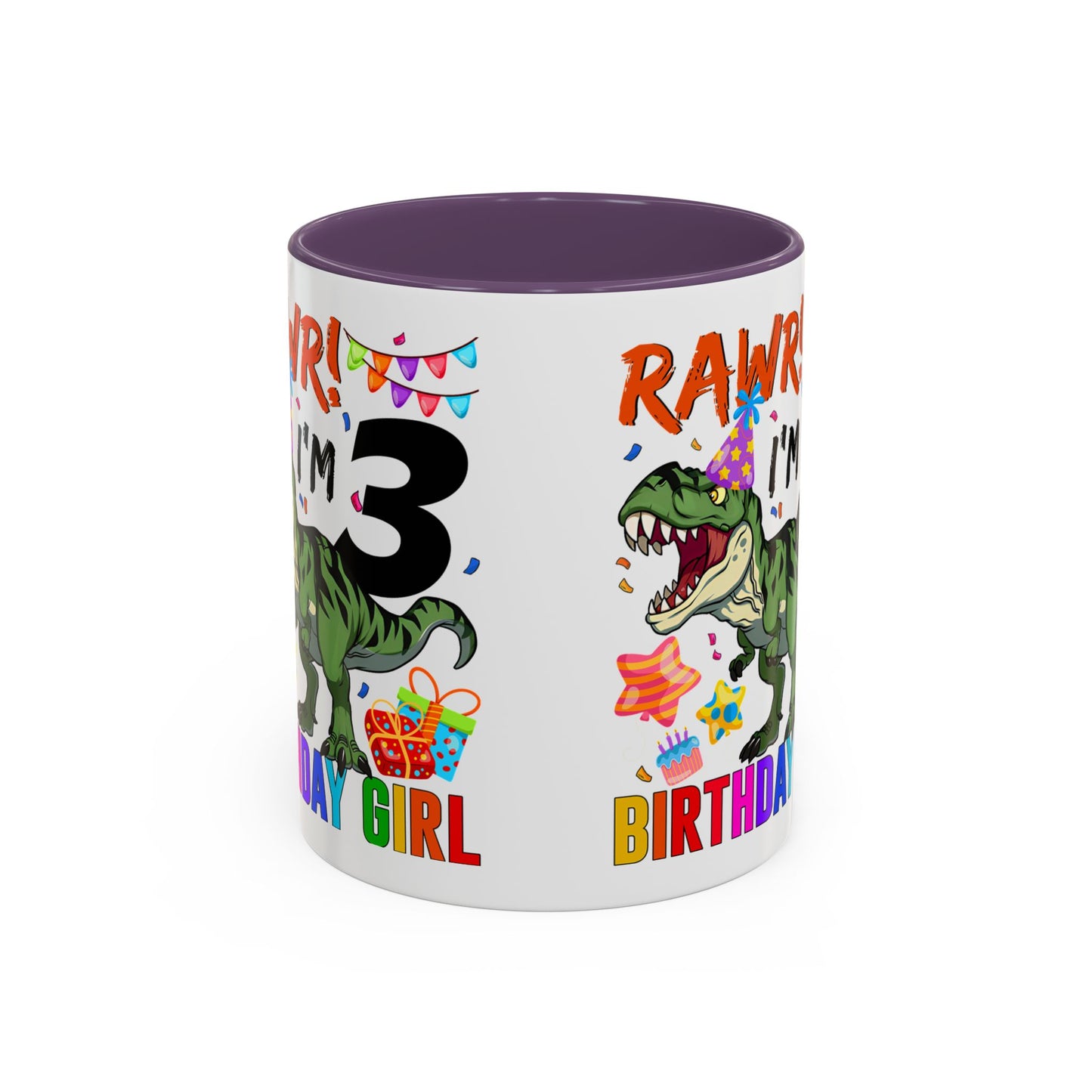 3rd Birthday Girl Dinosaur Coffee Mug - "RAWR! I’m 3" Accent Mug
