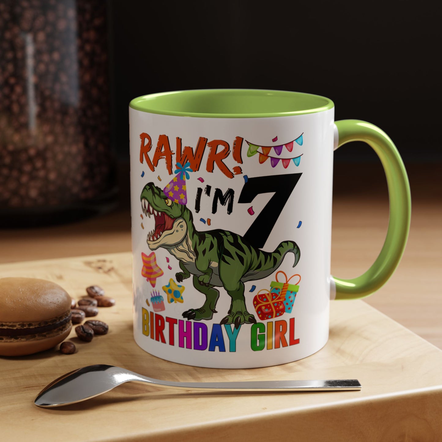 7th Birthday Dinosaur Coffee Mug — "RAWR! I'm 7" Colorful Birthday Girl Accent Mug (11/15oz)