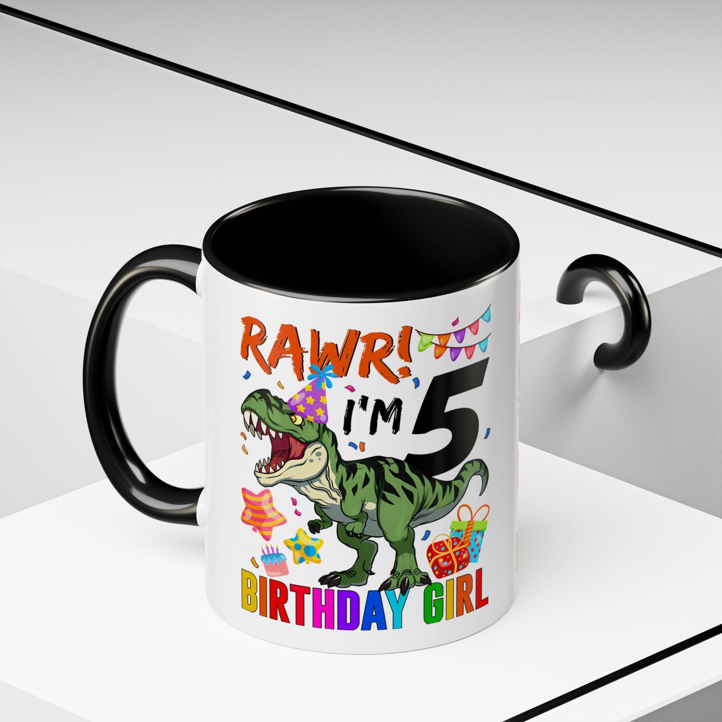 Birthday Dinosaur Coffee Mug — “RAWR! I’m 5” Colorful Kids Birthday Gift (11/15oz)