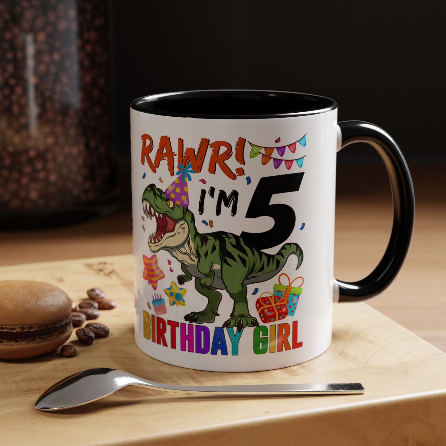 Birthday Dinosaur Coffee Mug — “RAWR! I’m 5” Colorful Kids Birthday Gift (11/15oz)