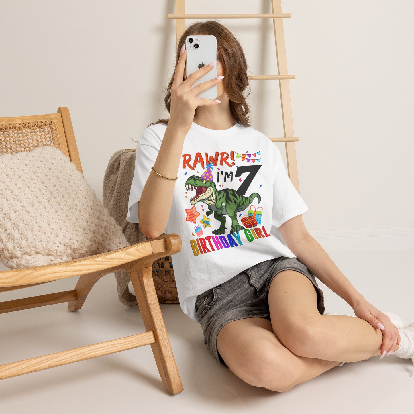 7th Birthday Girl T‑Shirt — "RAWR! I'm 7" Dinosaur Party Tee