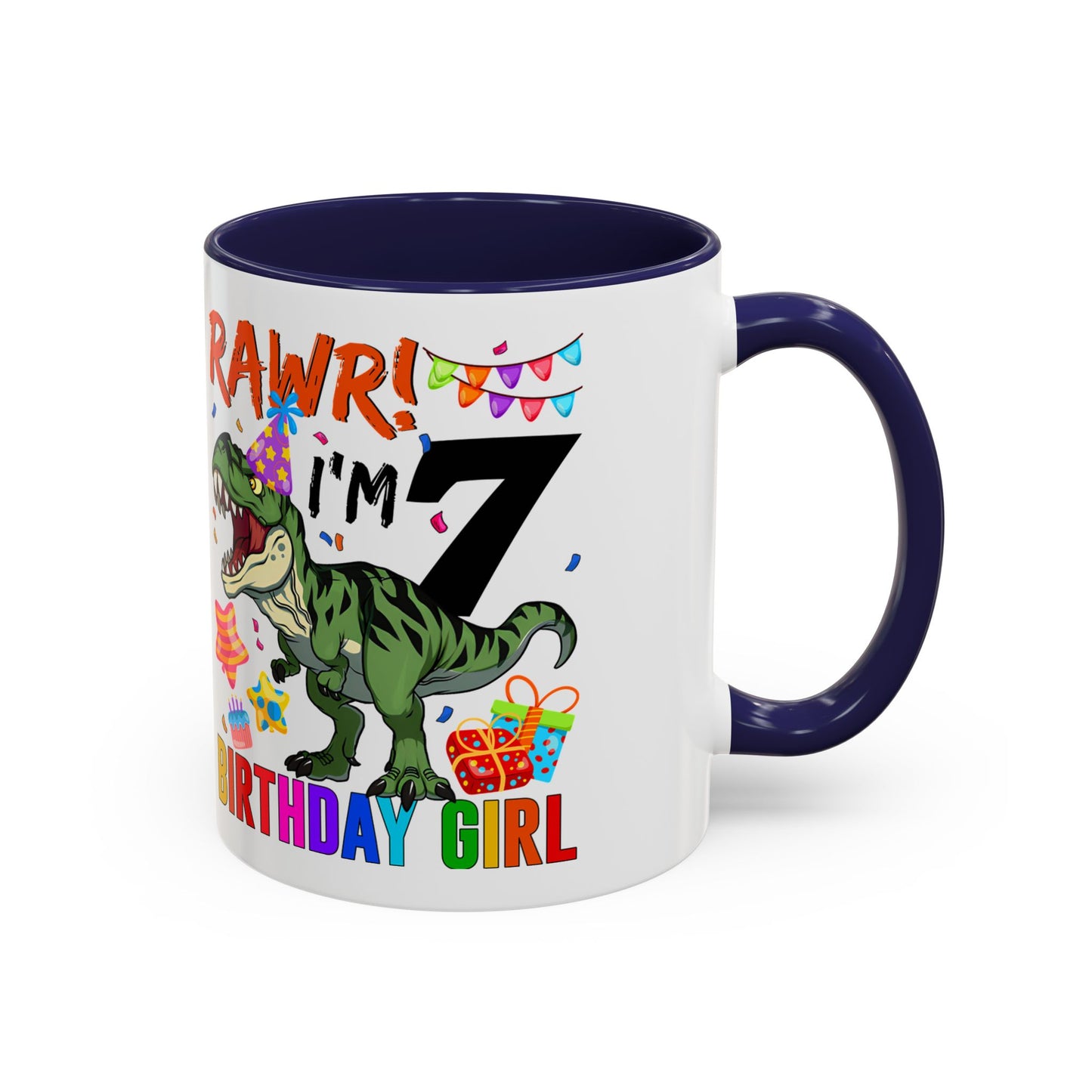 7th Birthday Dinosaur Coffee Mug — "RAWR! I'm 7" Colorful Birthday Girl Accent Mug (11/15oz)