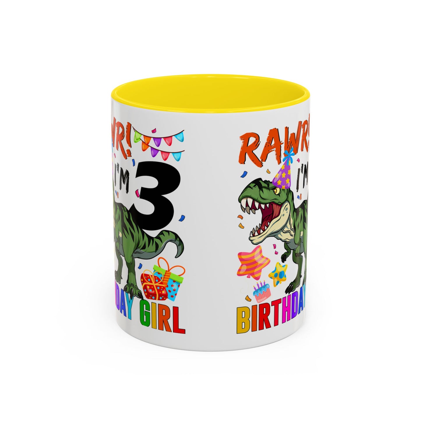3rd Birthday Girl Dinosaur Coffee Mug - "RAWR! I’m 3" Accent Mug