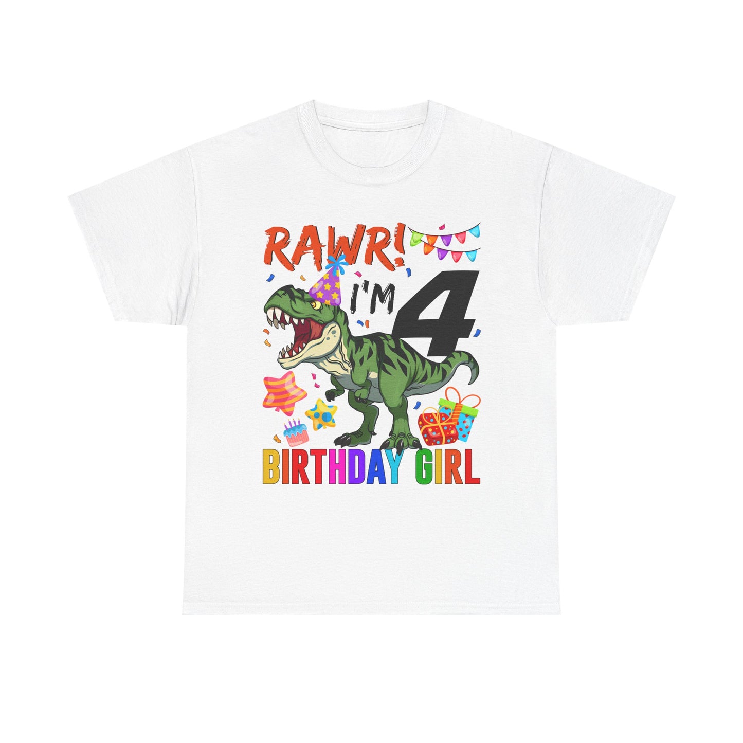 4th Birthday Girl Dinosaur T-Shirt — "RAWR! I'm 4" Colorful Party Tee