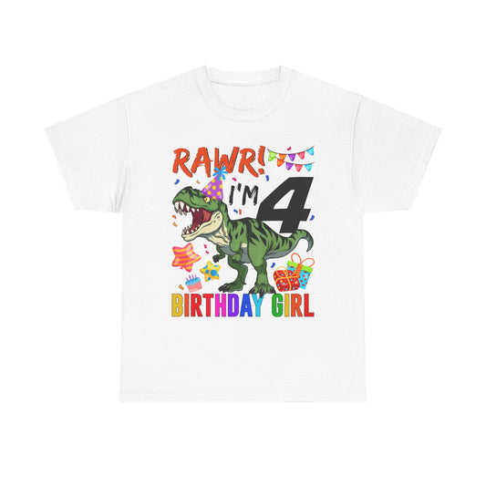 4th Birthday Girl Dinosaur T-Shirt — "RAWR! I'm 4" Colorful Party Tee