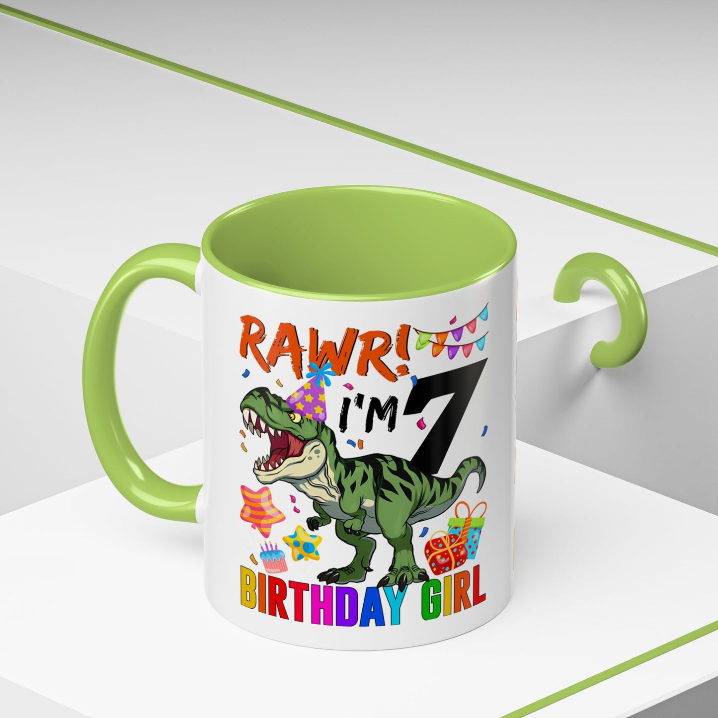 7th Birthday Dinosaur Coffee Mug — "RAWR! I'm 7" Colorful Birthday Girl Accent Mug (11/15oz)