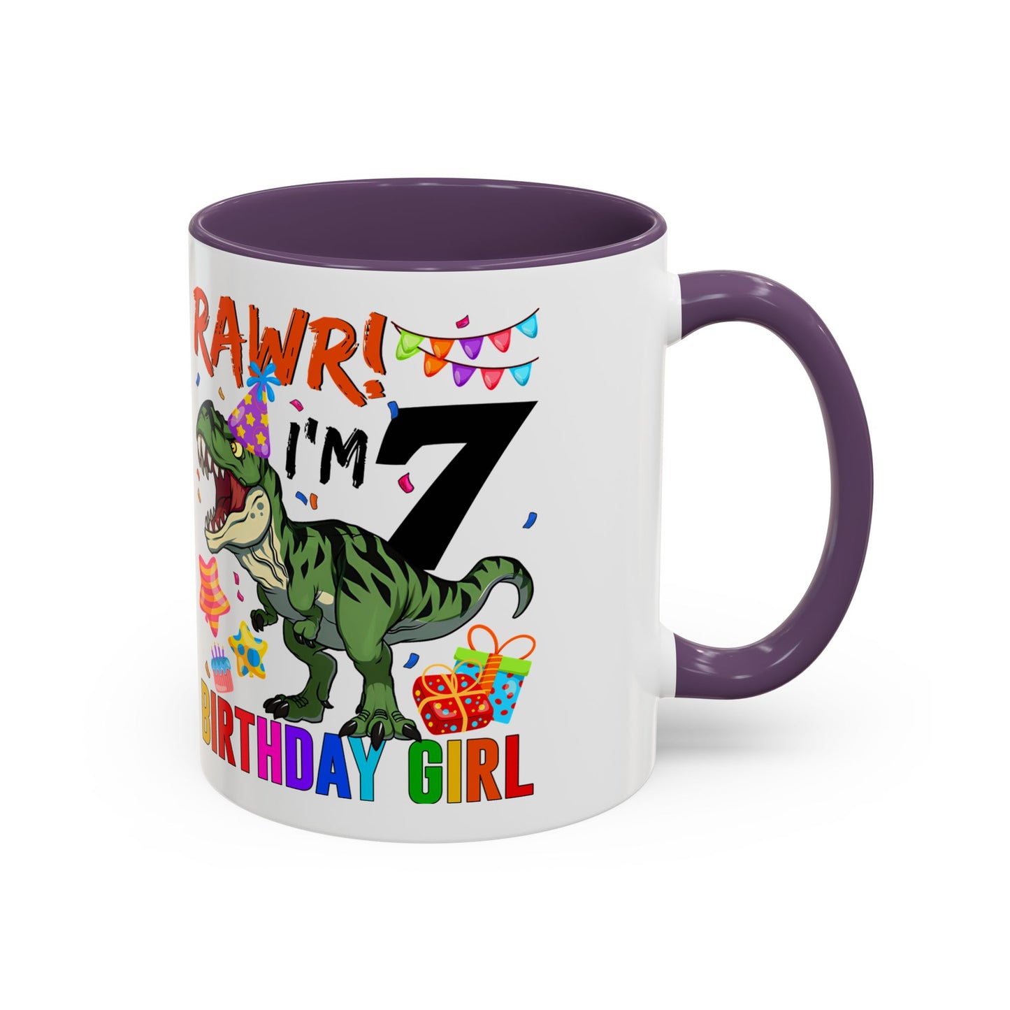 7th Birthday Dinosaur Coffee Mug — "RAWR! I'm 7" Colorful Birthday Girl Accent Mug (11/15oz)