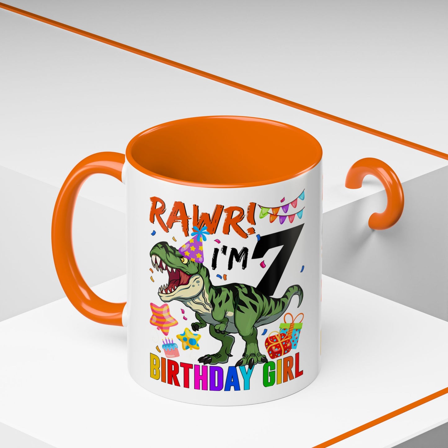 7th Birthday Dinosaur Coffee Mug — "RAWR! I'm 7" Colorful Birthday Girl Accent Mug (11/15oz)