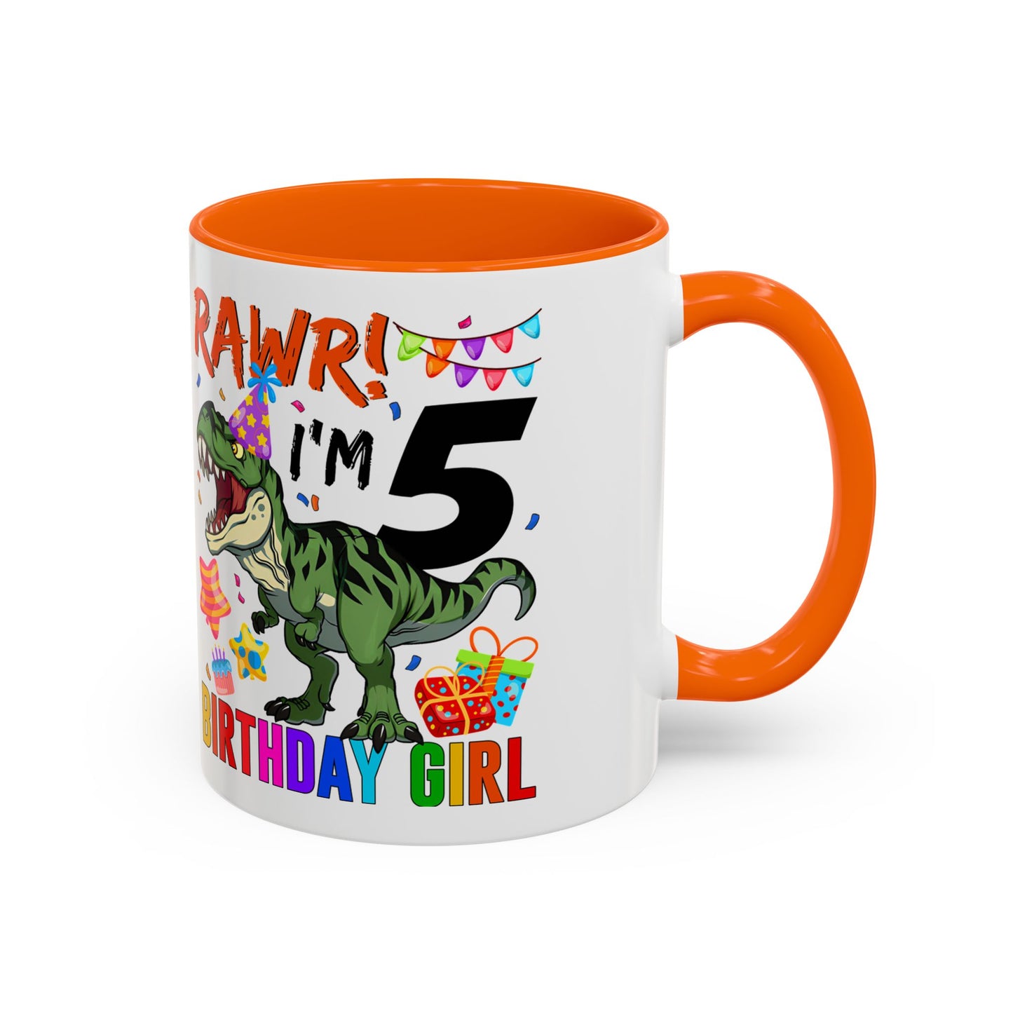 Birthday Dinosaur Coffee Mug — “RAWR! I’m 5” Colorful Kids Birthday Gift (11/15oz)