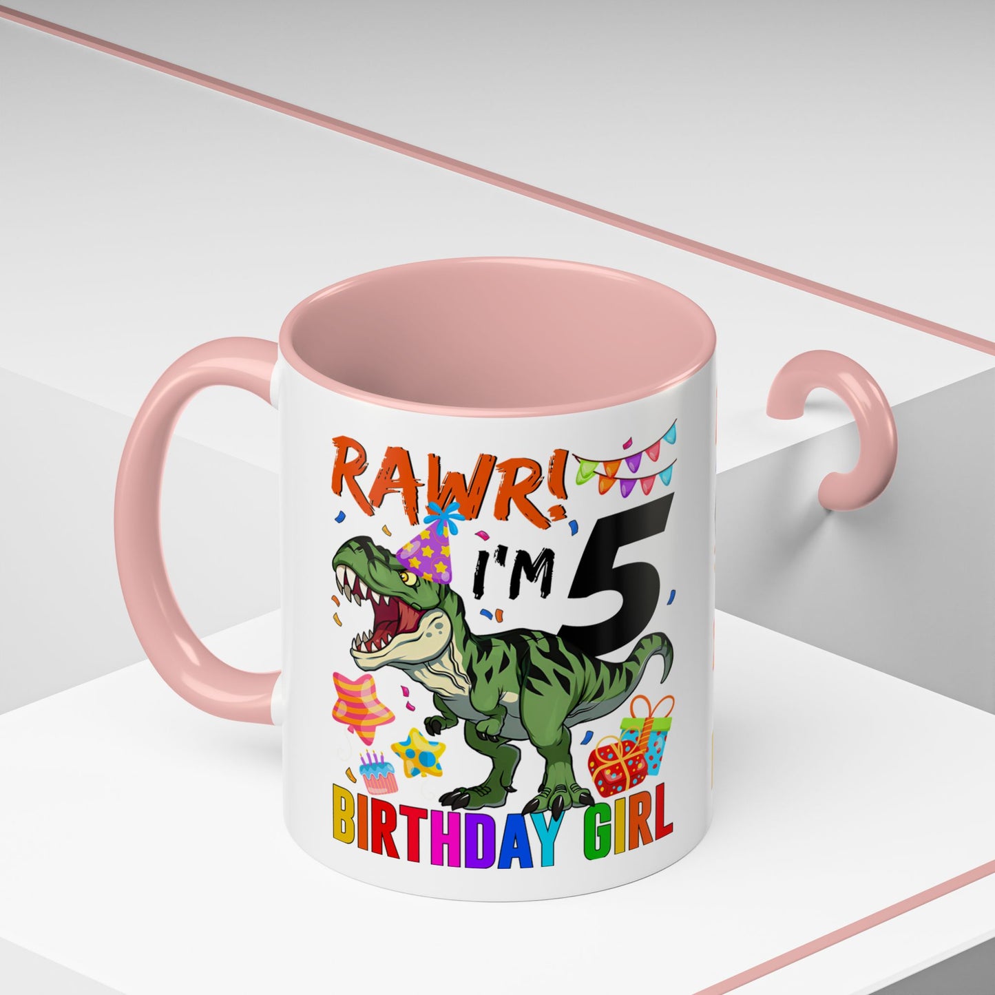 Birthday Dinosaur Coffee Mug — “RAWR! I’m 5” Colorful Kids Birthday Gift (11/15oz)