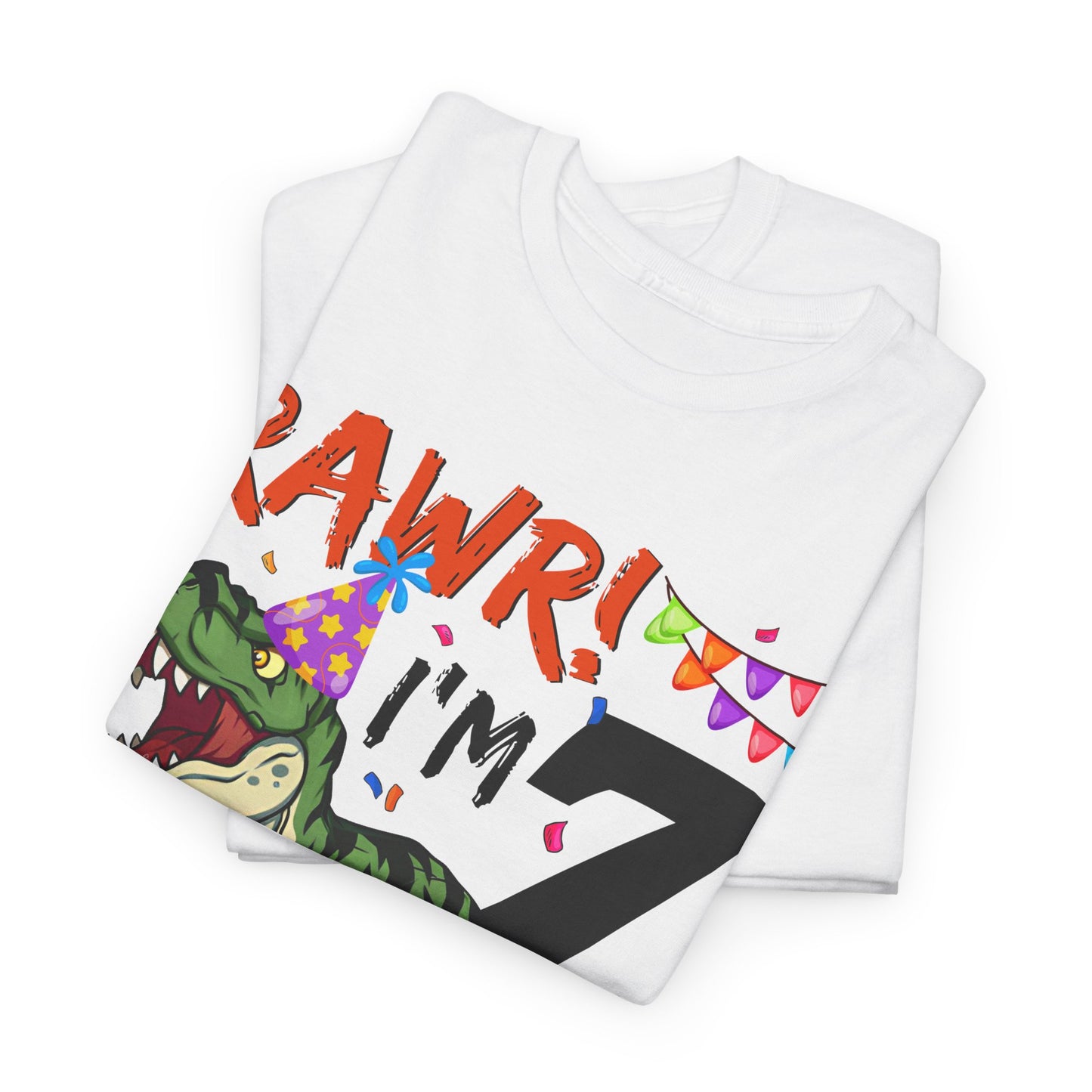 7th Birthday Girl T‑Shirt — "RAWR! I'm 7" Dinosaur Party Tee