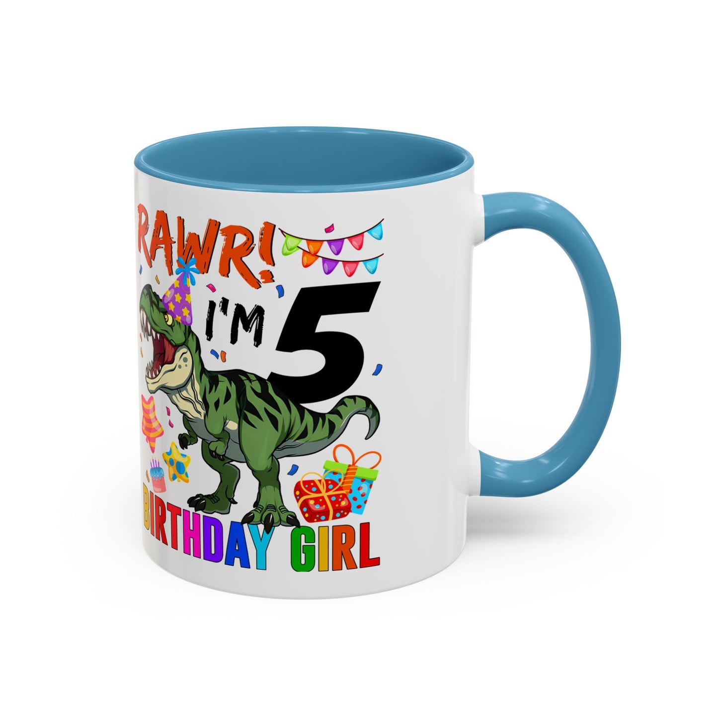 Birthday Dinosaur Coffee Mug — “RAWR! I’m 5” Colorful Kids Birthday Gift (11/15oz)