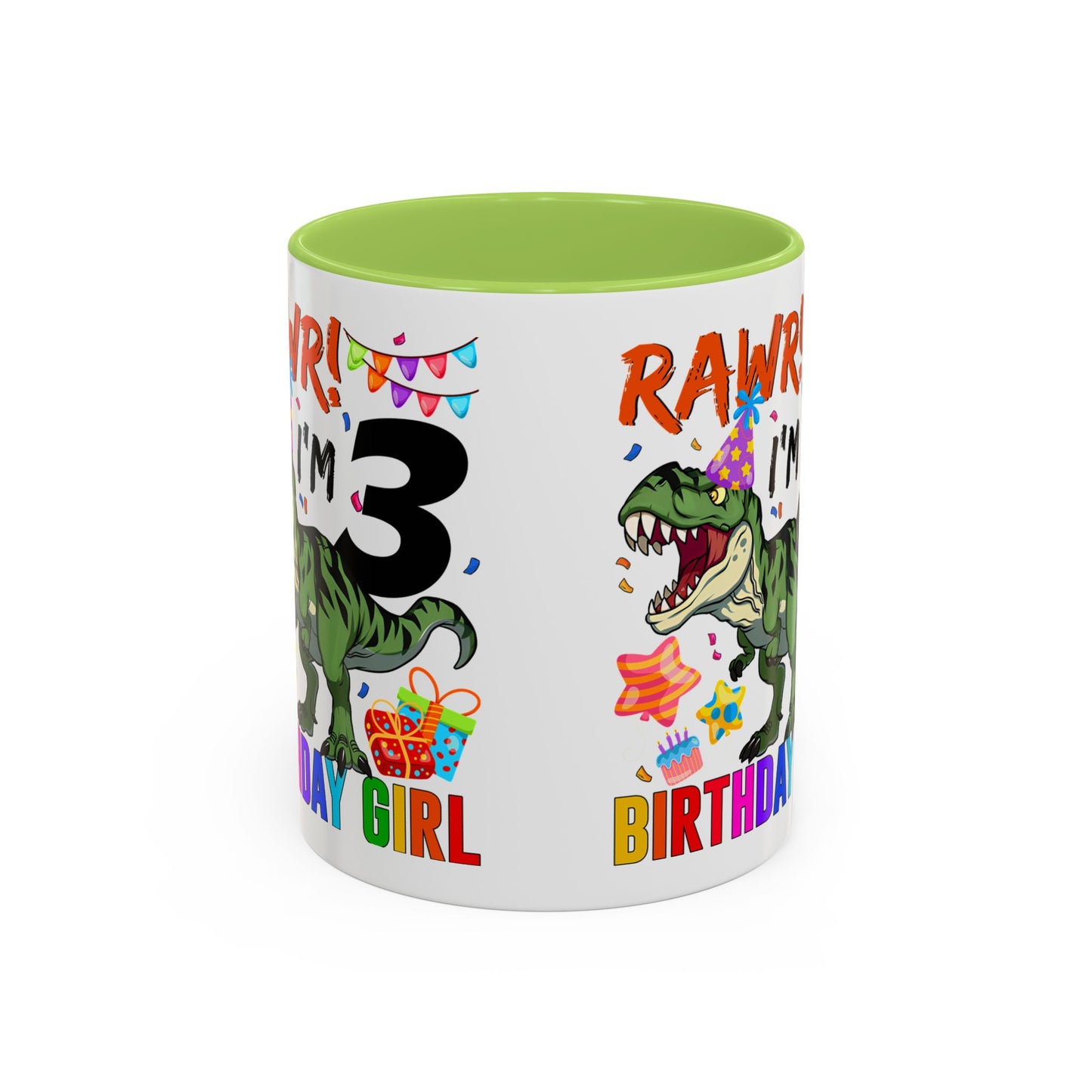 3rd Birthday Girl Dinosaur Coffee Mug - "RAWR! I’m 3" Accent Mug