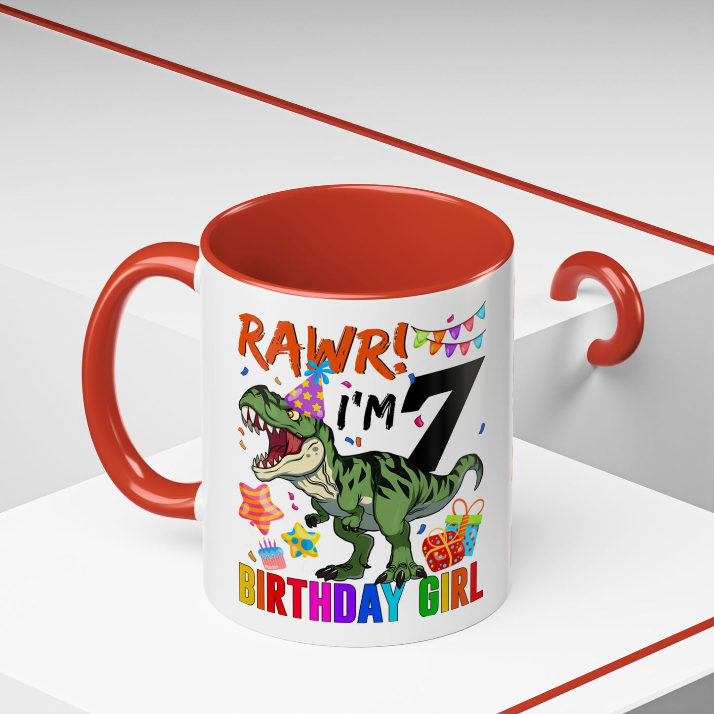 7th Birthday Dinosaur Coffee Mug — "RAWR! I'm 7" Colorful Birthday Girl Accent Mug (11/15oz)