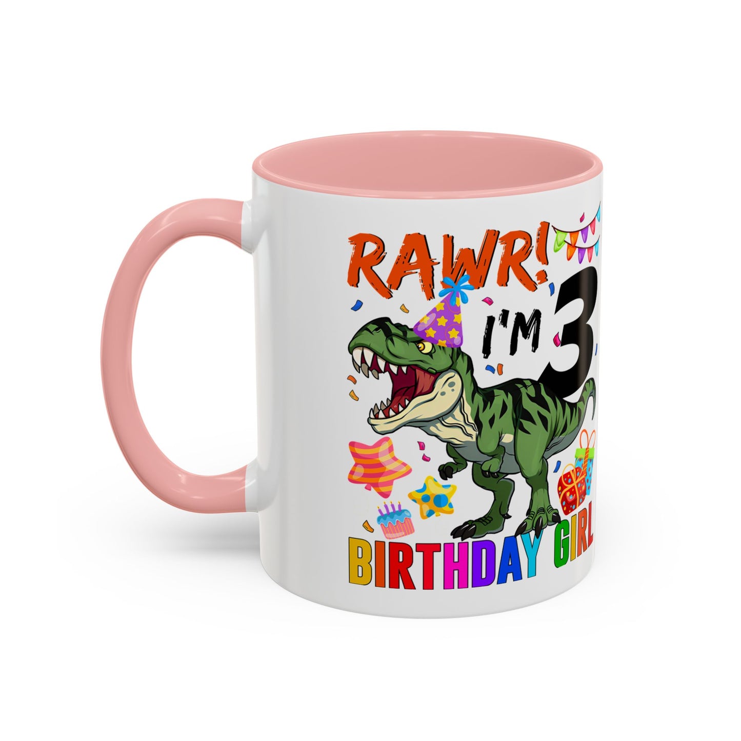 3rd Birthday Girl Dinosaur Coffee Mug - "RAWR! I’m 3" Accent Mug