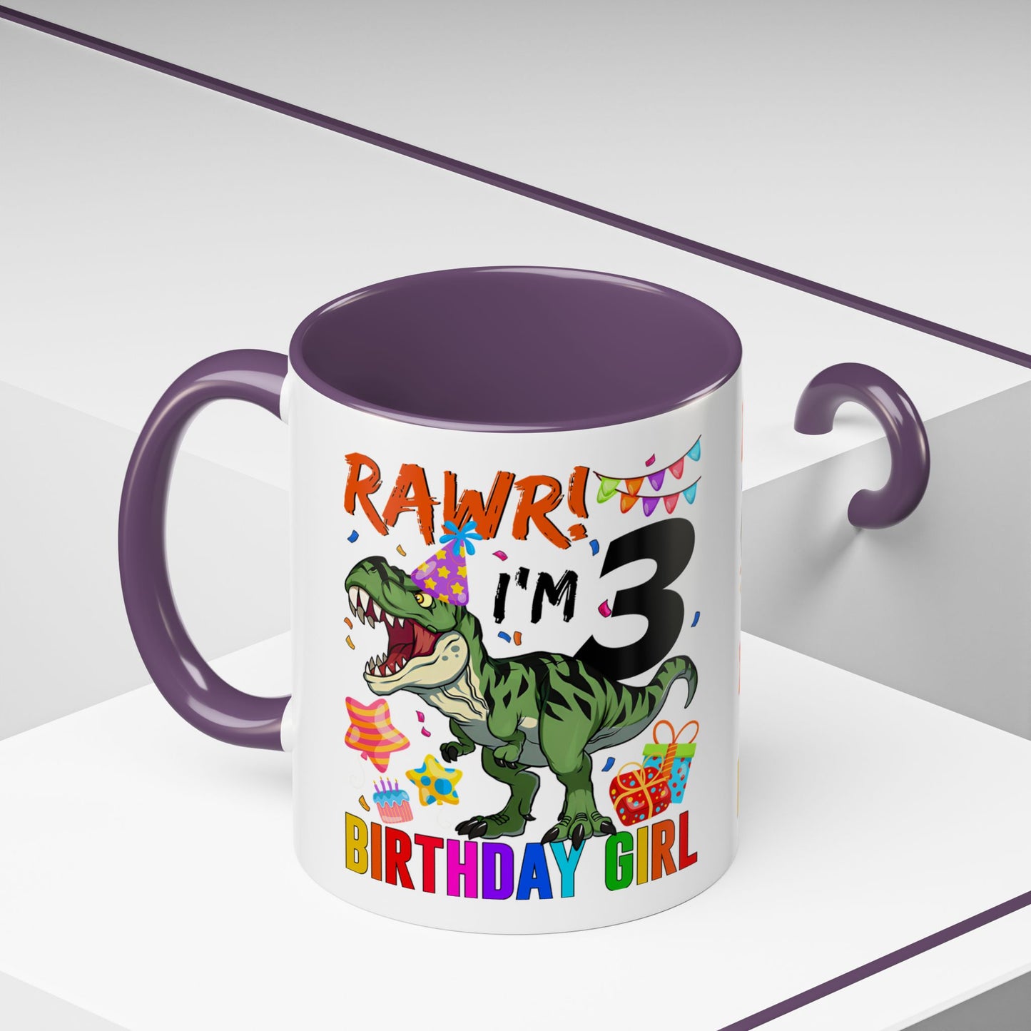 3rd Birthday Girl Dinosaur Coffee Mug - "RAWR! I’m 3" Accent Mug