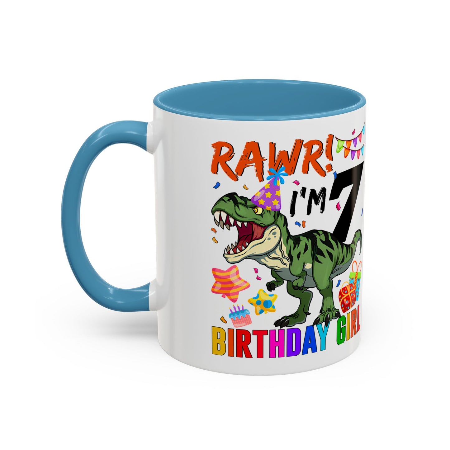 7th Birthday Dinosaur Coffee Mug — "RAWR! I'm 7" Colorful Birthday Girl Accent Mug (11/15oz)