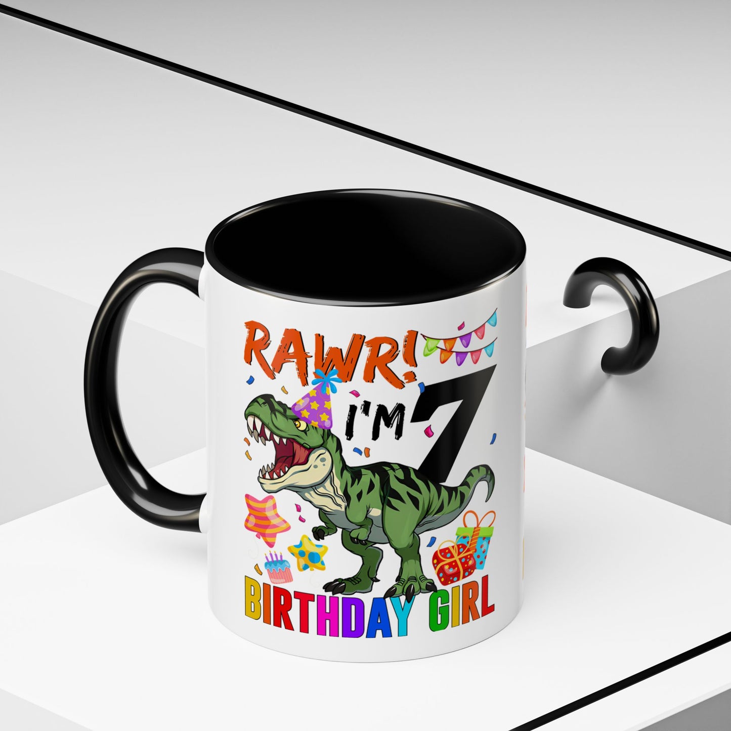 7th Birthday Dinosaur Coffee Mug — "RAWR! I'm 7" Colorful Birthday Girl Accent Mug (11/15oz)