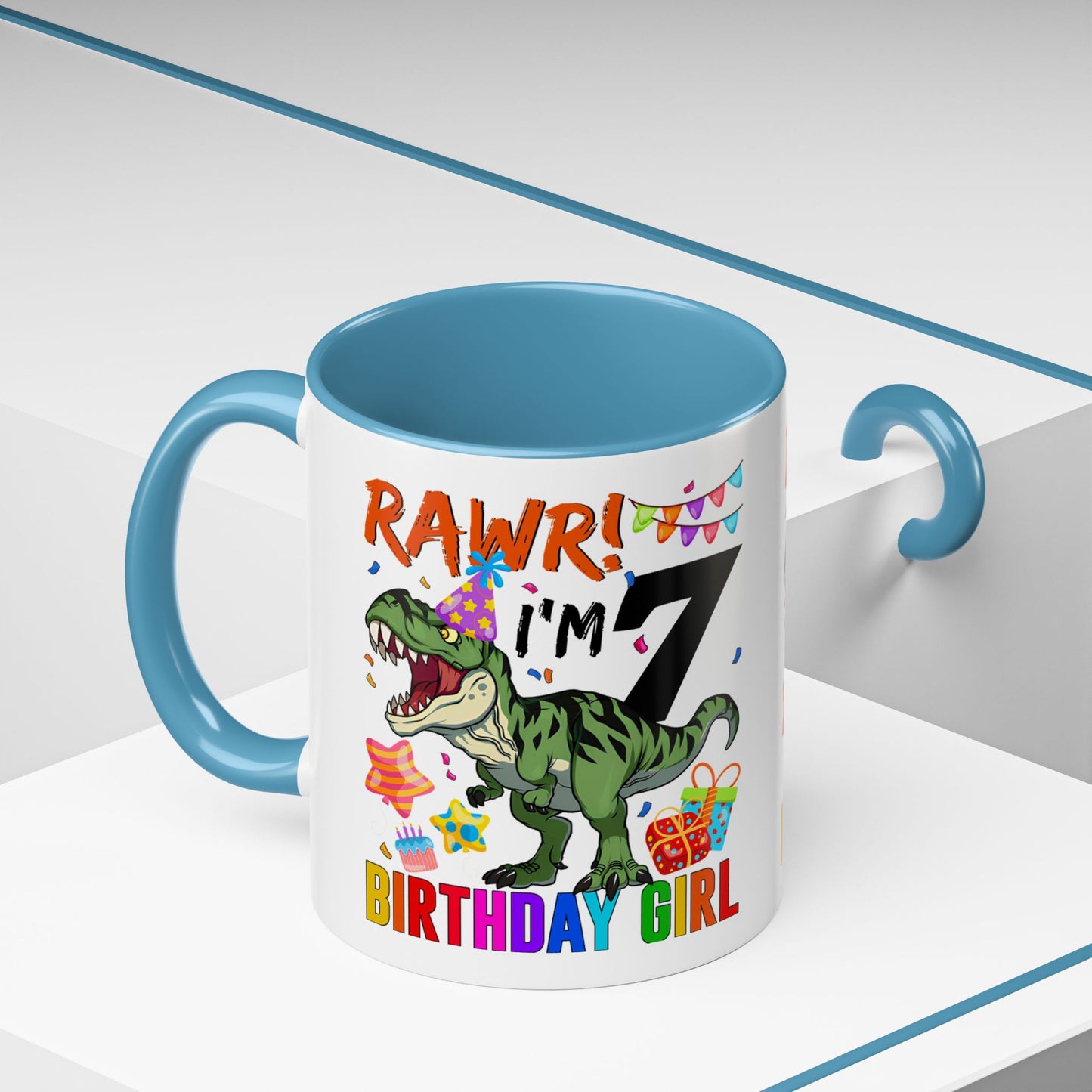7th Birthday Dinosaur Coffee Mug — "RAWR! I'm 7" Colorful Birthday Girl Accent Mug (11/15oz)