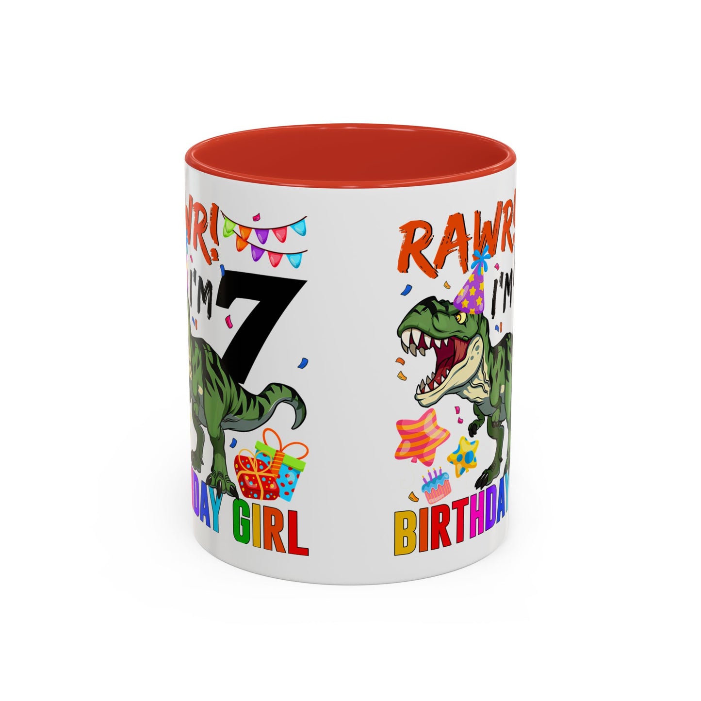 7th Birthday Dinosaur Coffee Mug — "RAWR! I'm 7" Colorful Birthday Girl Accent Mug (11/15oz)