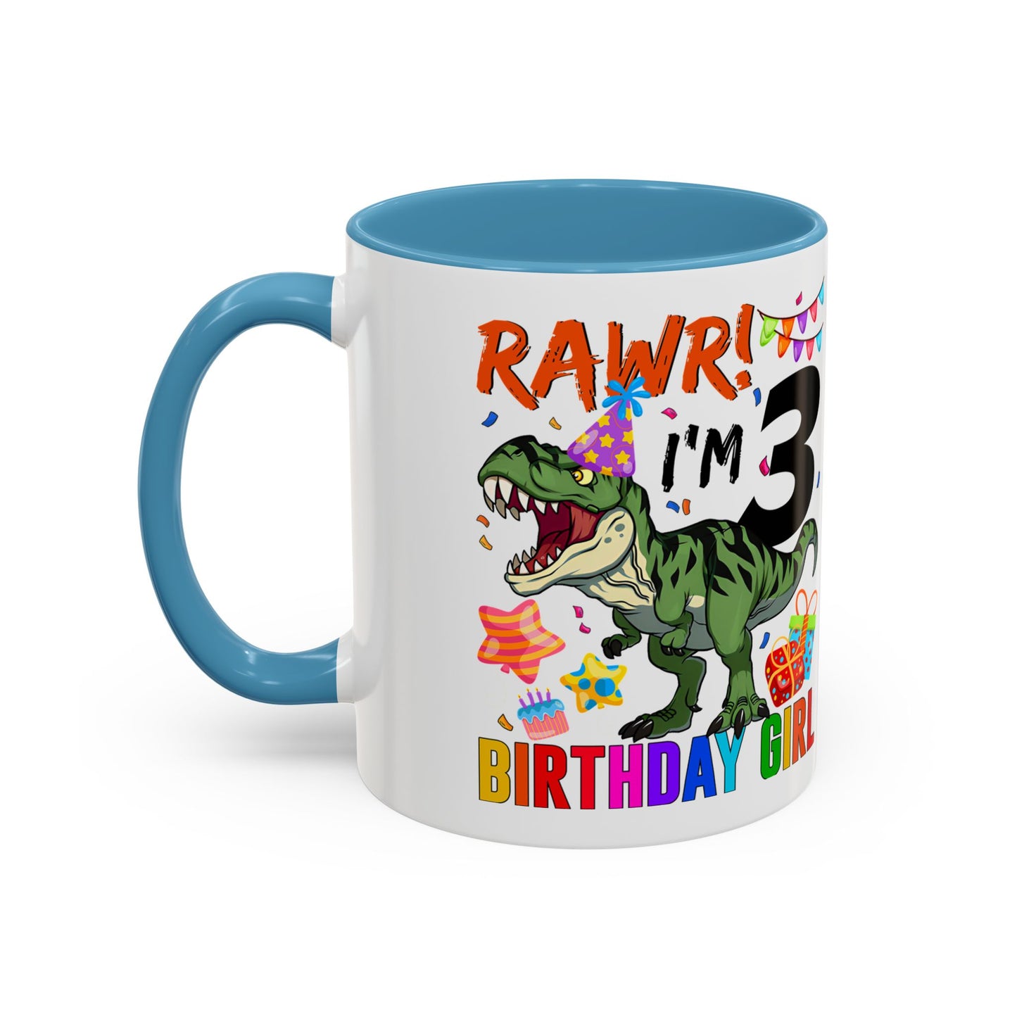 3rd Birthday Girl Dinosaur Coffee Mug - "RAWR! I’m 3" Accent Mug