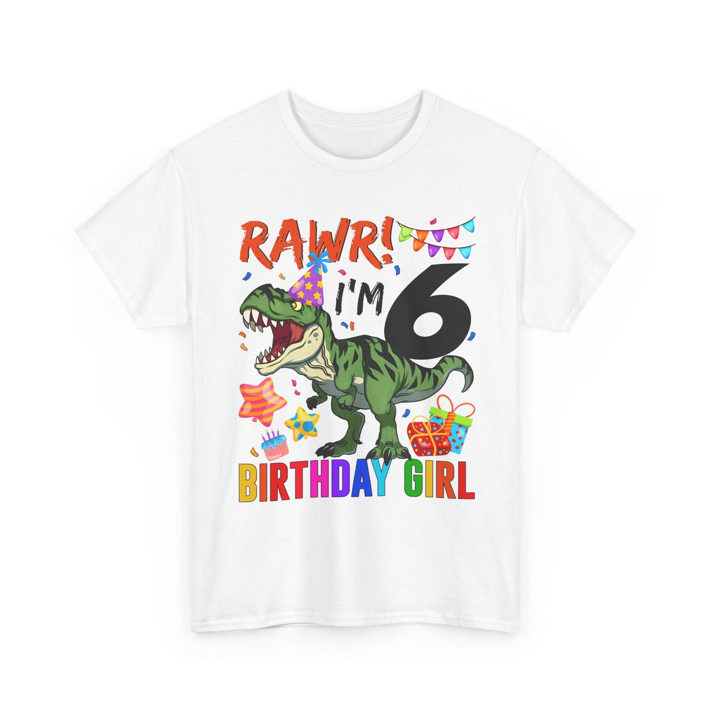 Kids Birthday Tee — "RAWR! I'm 6" Dinosaur Birthday Girl Shirt