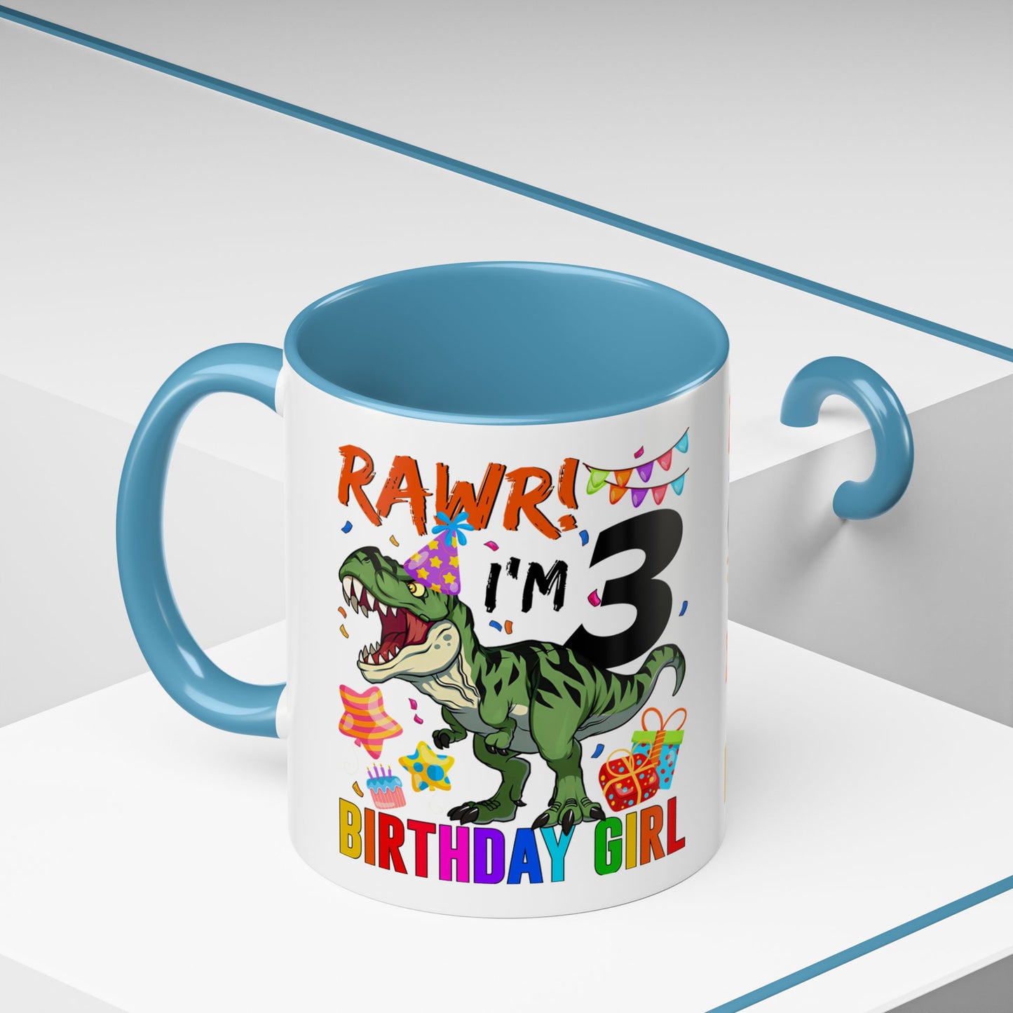 3rd Birthday Girl Dinosaur Coffee Mug - "RAWR! I’m 3" Accent Mug