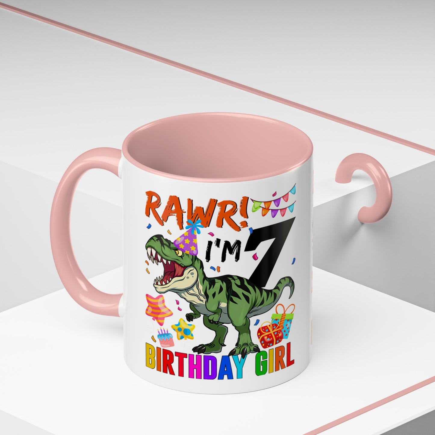 7th Birthday Dinosaur Coffee Mug — "RAWR! I'm 7" Colorful Birthday Girl Accent Mug (11/15oz)