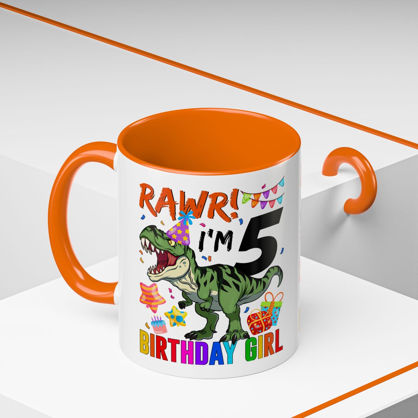 Birthday Dinosaur Coffee Mug — “RAWR! I’m 5” Colorful Kids Birthday Gift (11/15oz)
