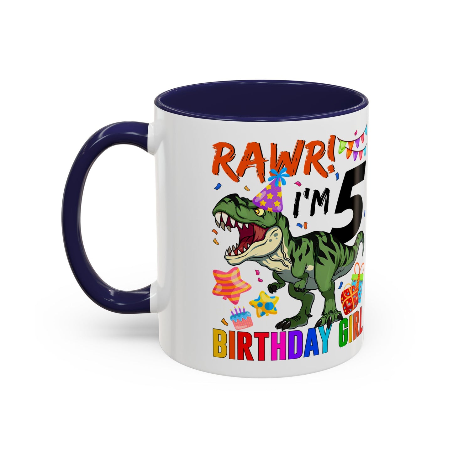 Birthday Dinosaur Coffee Mug — “RAWR! I’m 5” Colorful Kids Birthday Gift (11/15oz)