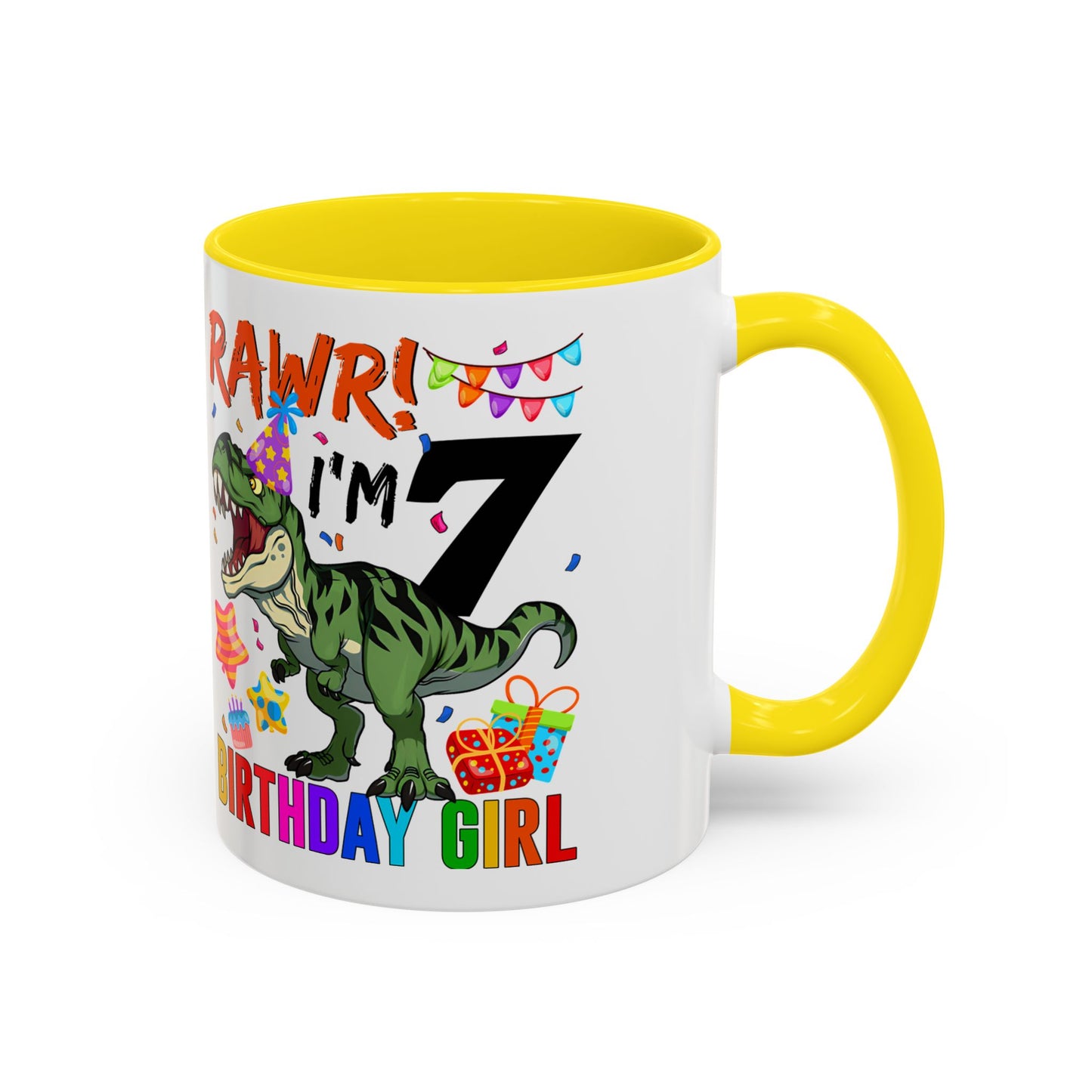7th Birthday Dinosaur Coffee Mug — "RAWR! I'm 7" Colorful Birthday Girl Accent Mug (11/15oz)
