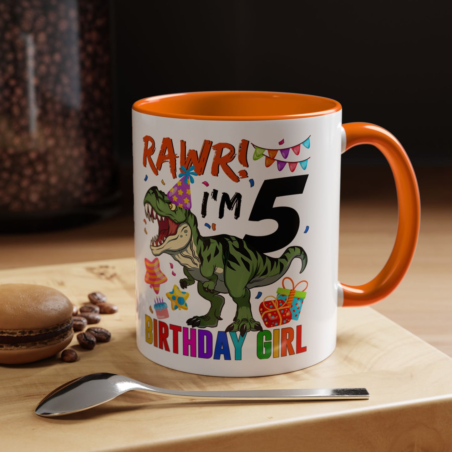 Birthday Dinosaur Coffee Mug — “RAWR! I’m 5” Colorful Kids Birthday Gift (11/15oz)