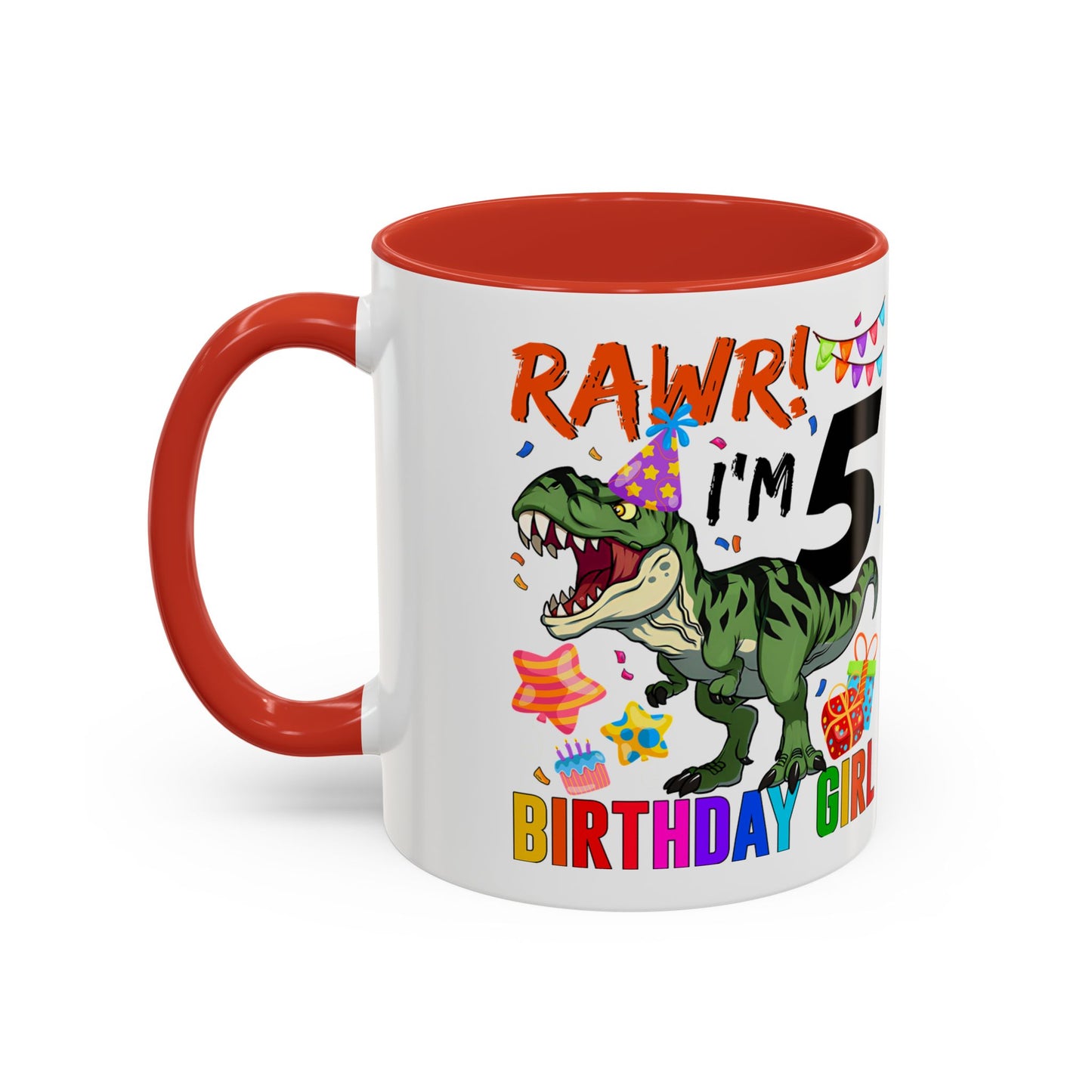 Birthday Dinosaur Coffee Mug — “RAWR! I’m 5” Colorful Kids Birthday Gift (11/15oz)