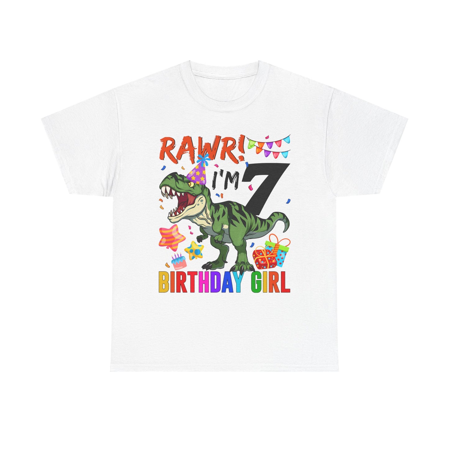 7th Birthday Girl T‑Shirt — "RAWR! I'm 7" Dinosaur Party Tee