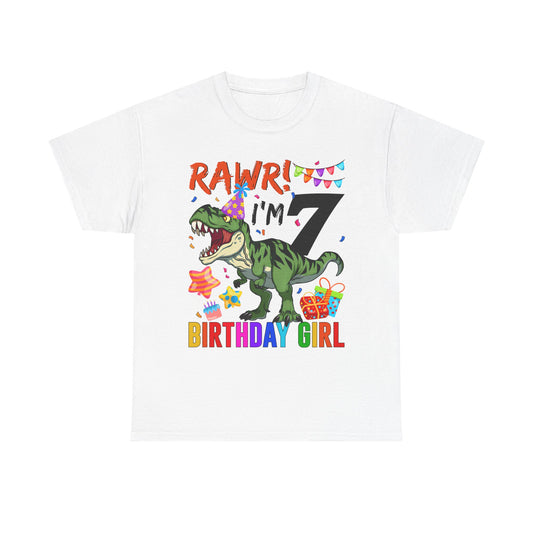 7th Birthday Girl T‑Shirt — "RAWR! I'm 7" Dinosaur Party Tee