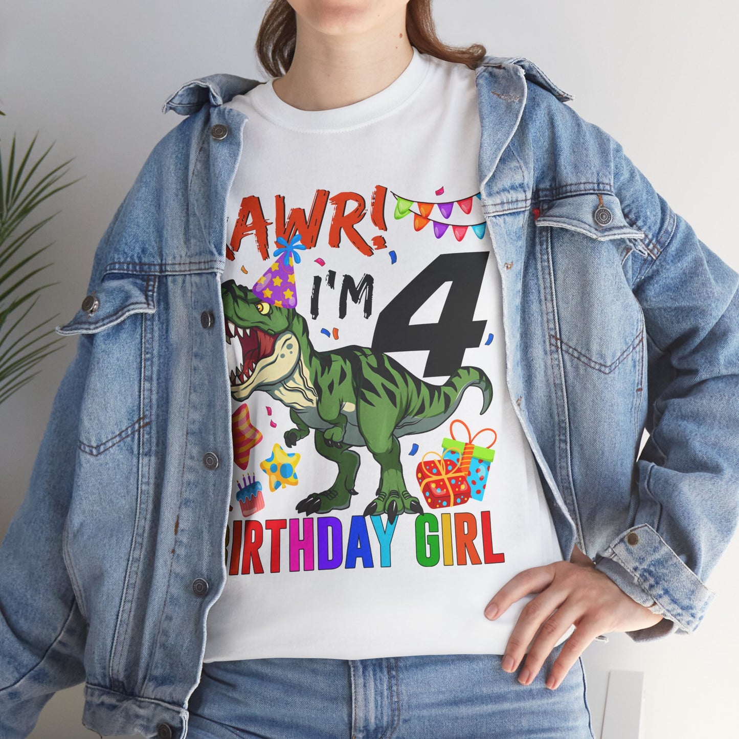 4th Birthday Girl Dinosaur T-Shirt — "RAWR! I'm 4" Colorful Party Tee