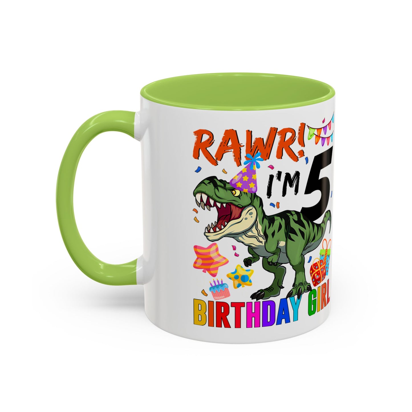 Birthday Dinosaur Coffee Mug — “RAWR! I’m 5” Colorful Kids Birthday Gift (11/15oz)