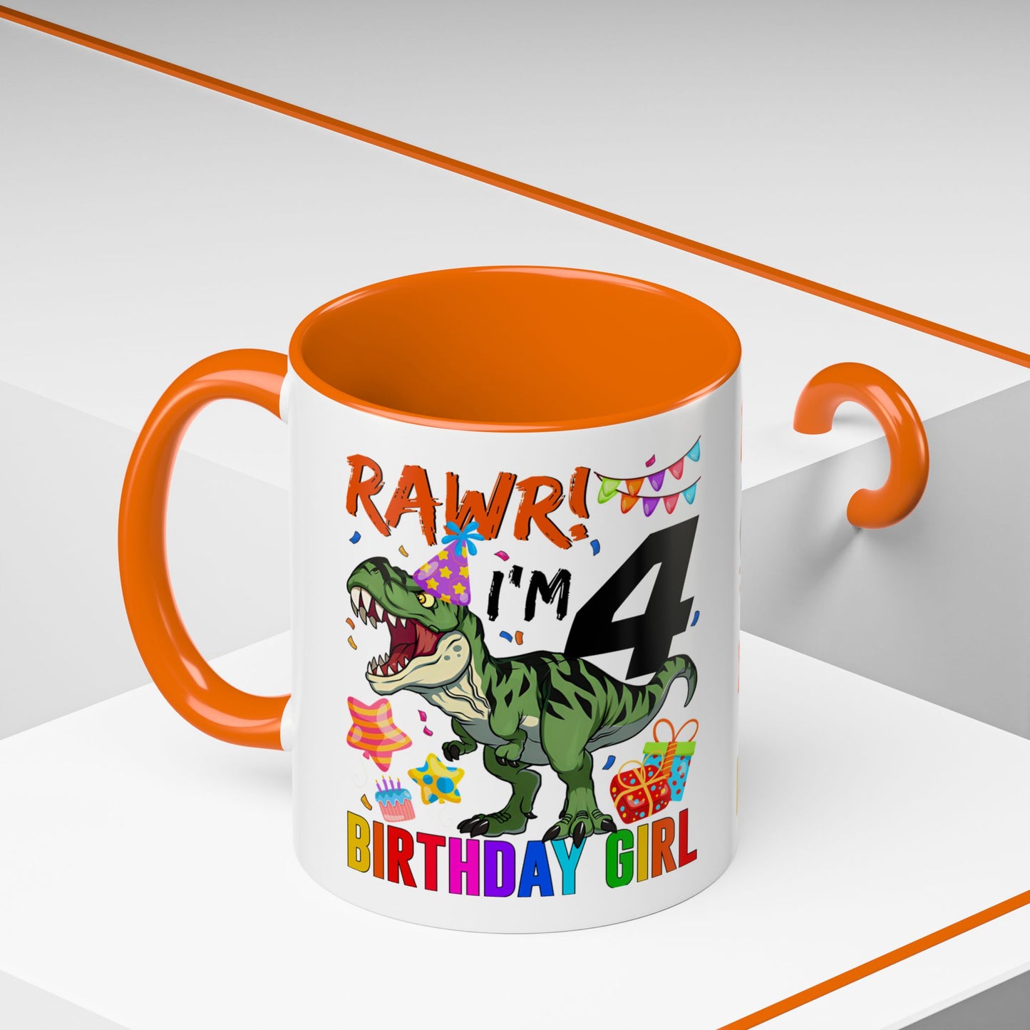 Birthday Mug — "RAWR! I'm 4" Dino Party Accent Coffee Mug