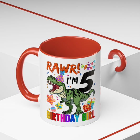 Birthday Dinosaur Coffee Mug — “RAWR! I’m 5” Colorful Kids Birthday Gift (11/15oz)