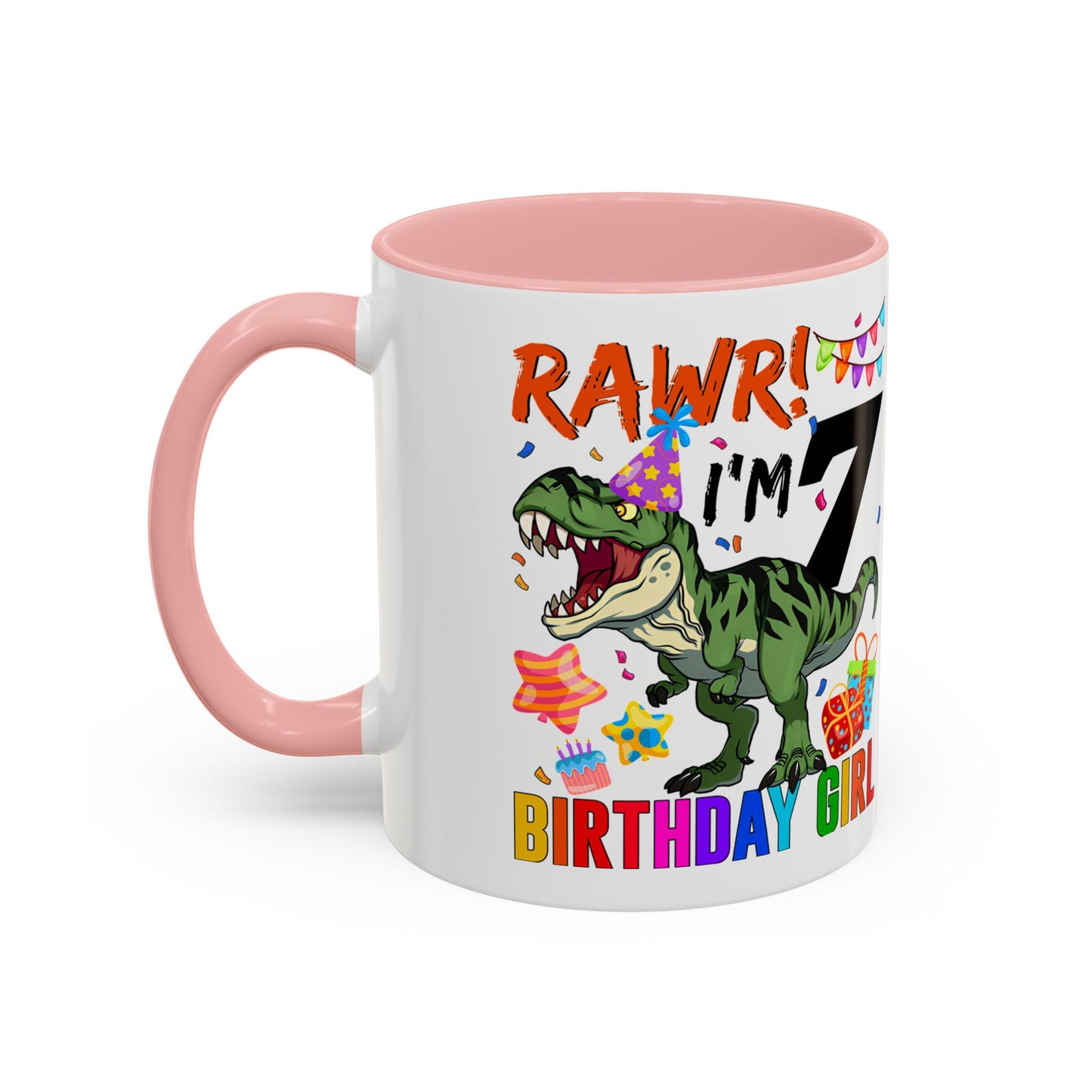 7th Birthday Dinosaur Coffee Mug — "RAWR! I'm 7" Colorful Birthday Girl Accent Mug (11/15oz)