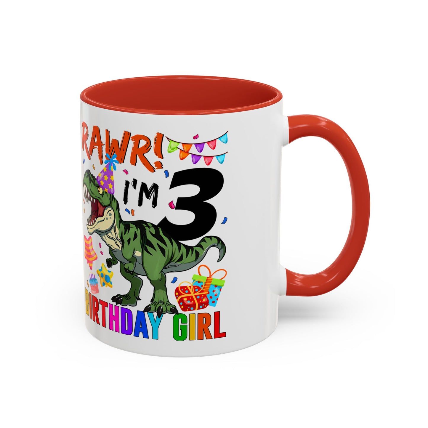 3rd Birthday Girl Dinosaur Coffee Mug - "RAWR! I’m 3" Accent Mug
