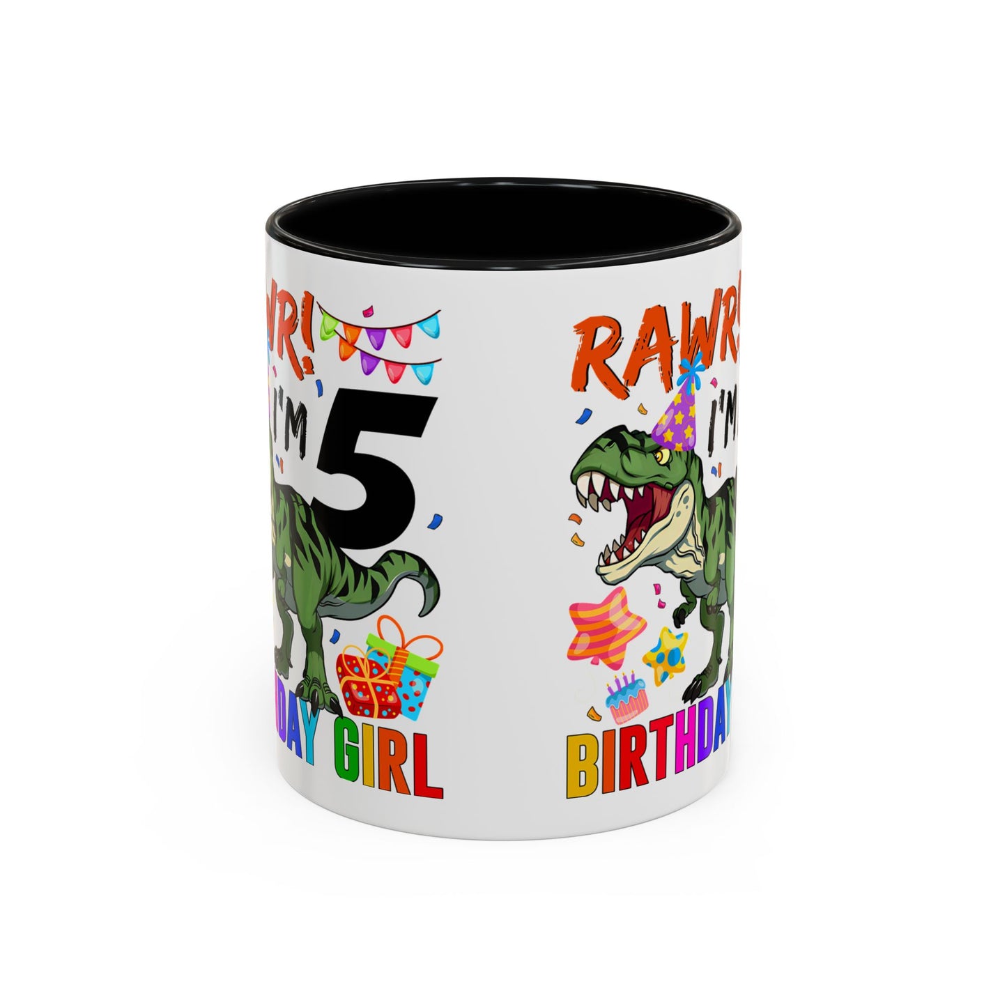Birthday Dinosaur Coffee Mug — “RAWR! I’m 5” Colorful Kids Birthday Gift (11/15oz)