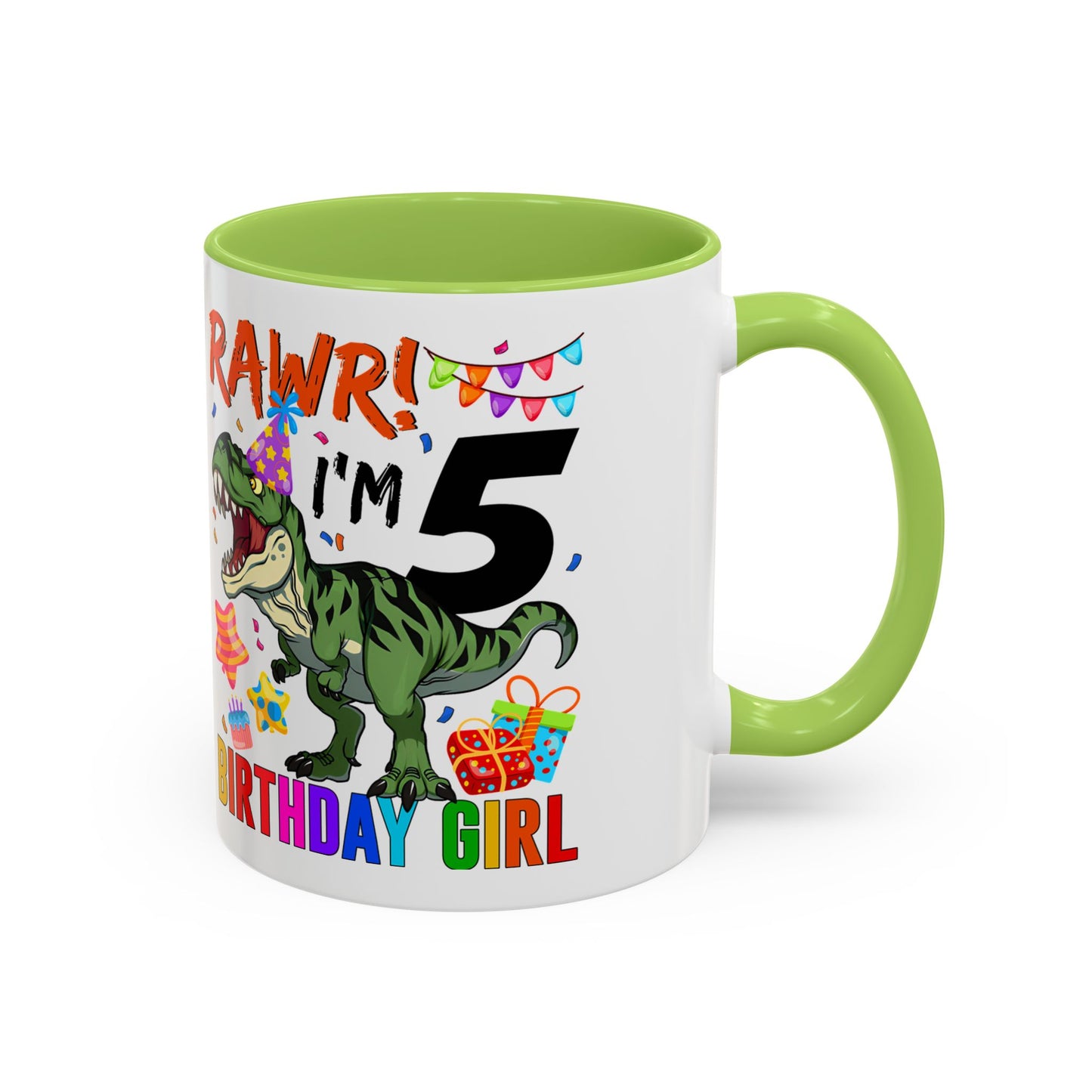 Birthday Dinosaur Coffee Mug — “RAWR! I’m 5” Colorful Kids Birthday Gift (11/15oz)