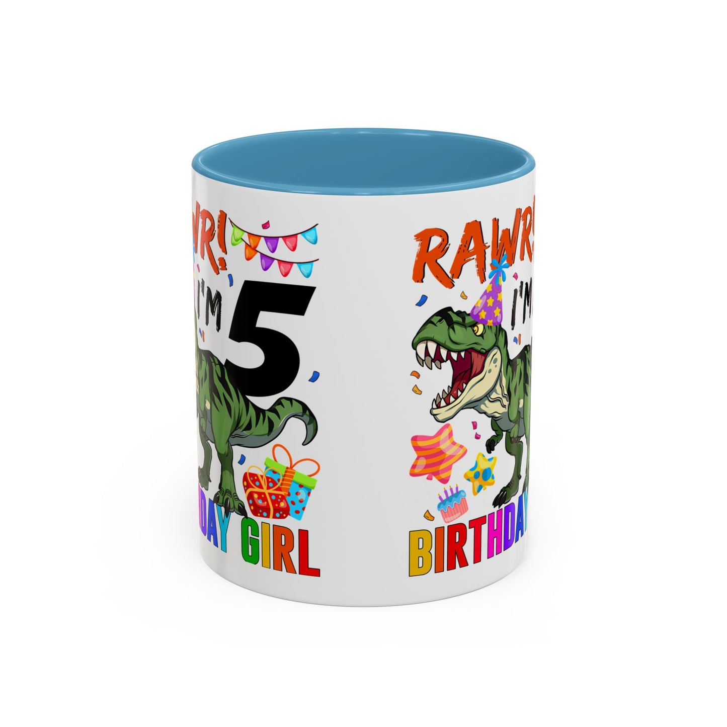 Birthday Dinosaur Coffee Mug — “RAWR! I’m 5” Colorful Kids Birthday Gift (11/15oz)